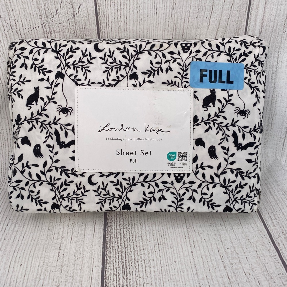 London Kaye Sheet Set Full White Black Halloween Cat Skull Ghost Bat Microfiber